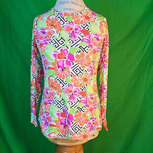 Ibkul Womens Pink Orange‎ Floral Long Sleeve Shirt Top Small
